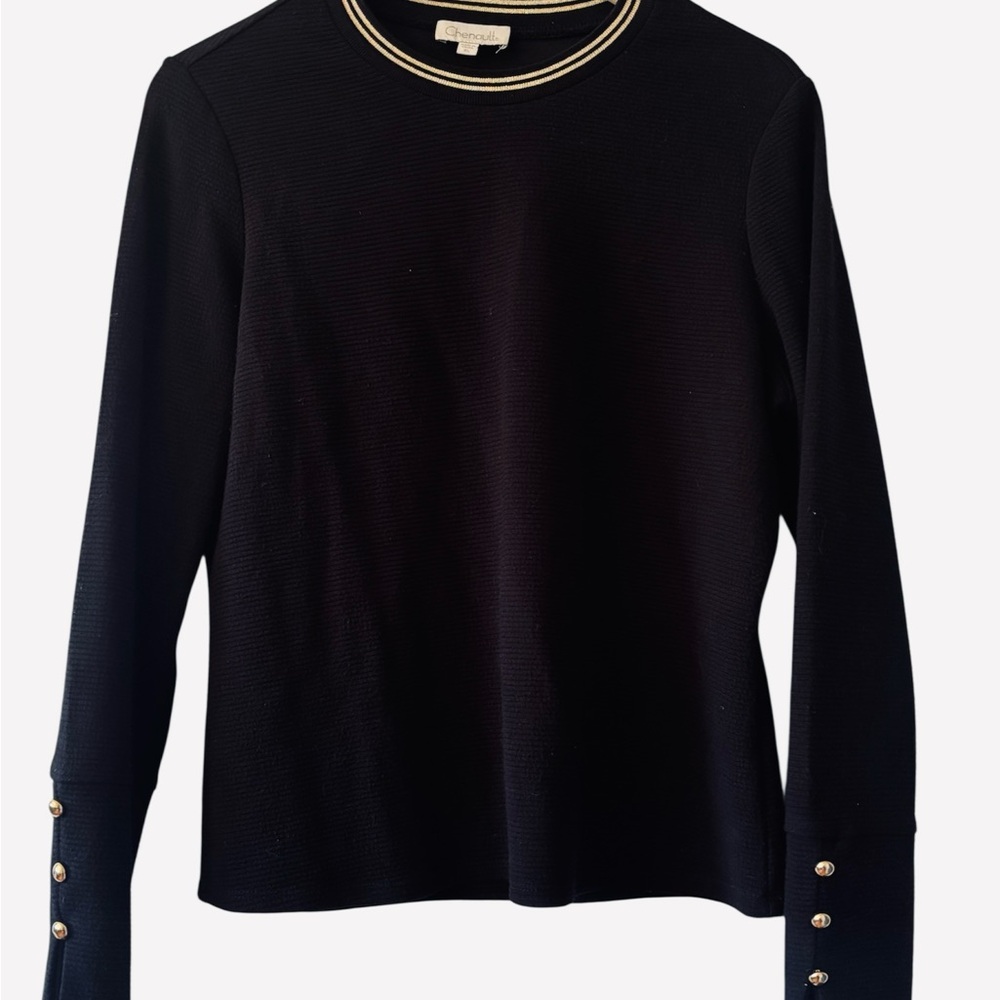 Chenault Black Ribbed Long Sleeve Top with Gold Button Cuff Sleeves